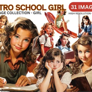 Retro School Girl Clipart - ClipArt vintage ritorno a scuola, bambina retrò, donne vintage, illustrazioni della vecchia scuola, commerciale, PNG
