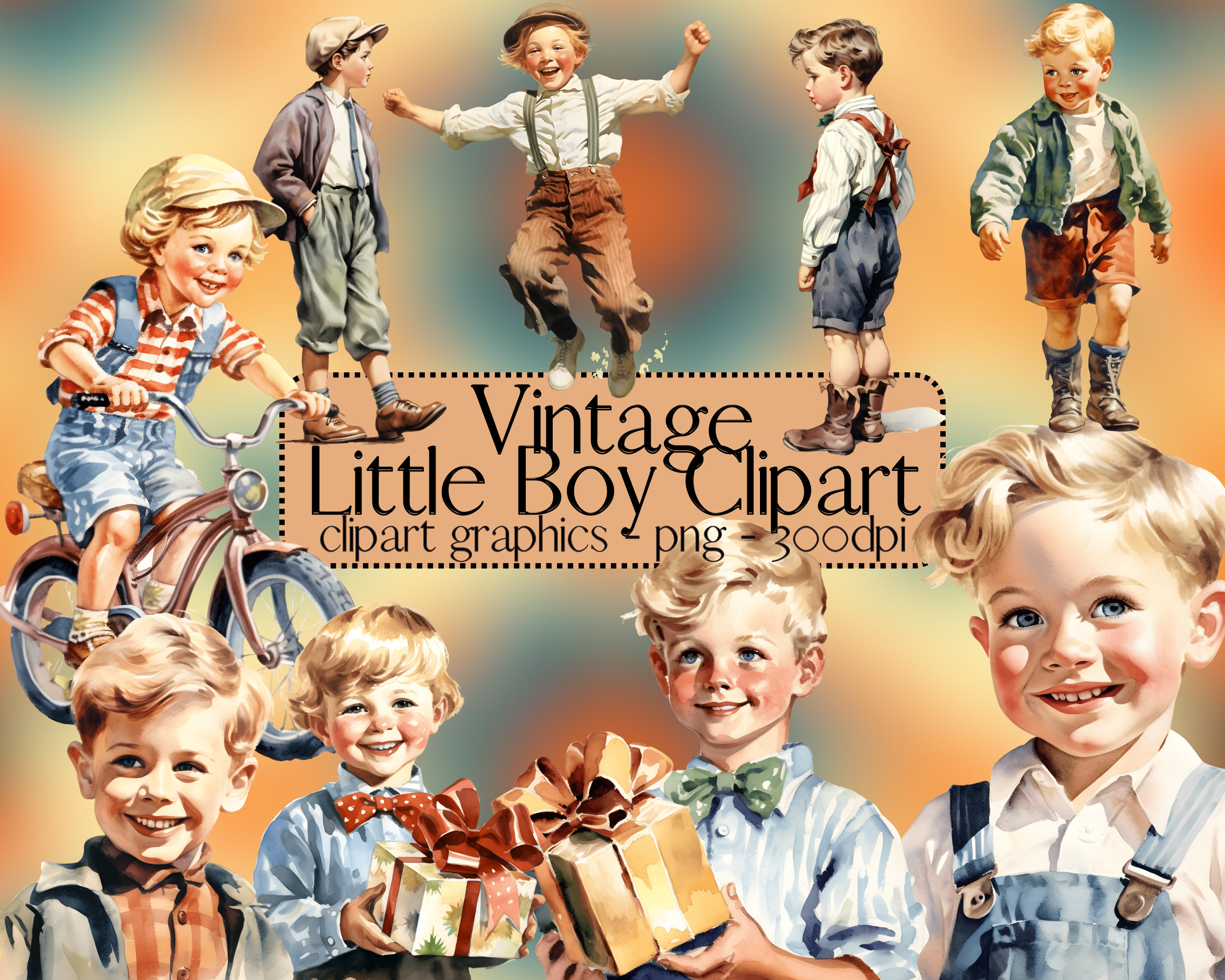 Watercolor Vintage Little Boy Clipart Fashion PNG Digital Image Downloads for Paper Crafts Card Making Scrapbook Junk Journal Scrapbooking