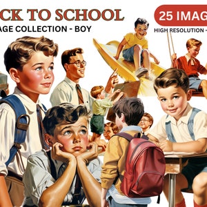 Retro Schuljunge Clipart - Back to School Clip Art, Weltkrieg, Old School Illustrationen, Vintage Little Boy Clipart, Transparent, PNGs