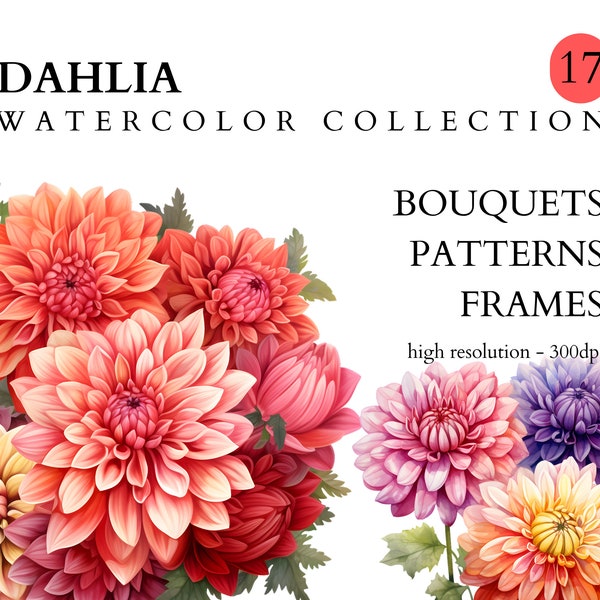 Dahlia aquarel clipart-17 dahlia's water kleur illustraties in PNG-formaat direct downloaden, dahlia boeketten naadloze patronen en frames