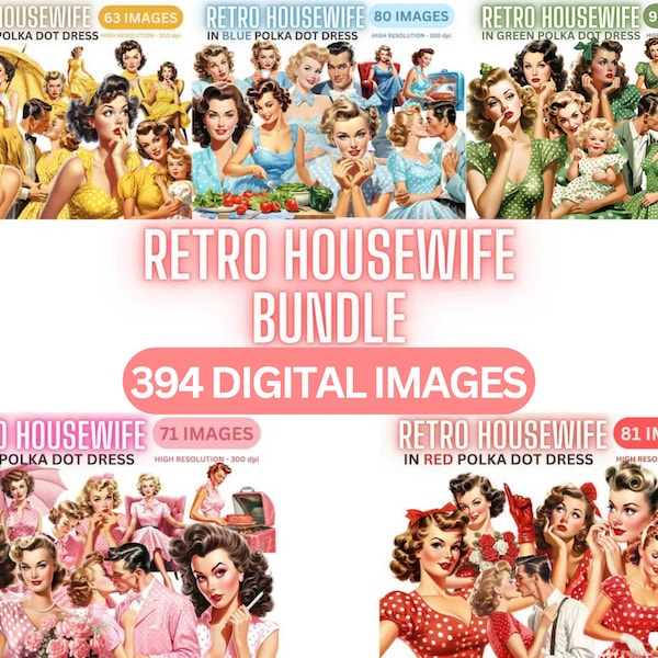 Retro Housewives Clipart Bundle - 394 IMAGES, Vintage House Wife Clipart, Retro Clipart Bundle, Polka Dot Dress Clip Art, Vintage Clip Art