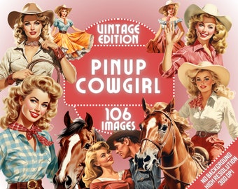 Cowboy Pin-up Girls Clipart - Cowgirl Clip Art, Horse, Cow, Western Clipart, Wild West, Horseshoe, 50s, Junk Journal, Commercial, PNG Bundle
