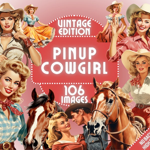 Cowboy Pin-up Girls Clipart - Cowgirl Clip Art, Horse, Cow, Western Clipart, Wild West, Horseshoe, 50s, Junk Journal, Commercial, PNG Bundle