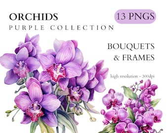Watercolor Purple Orchid Clipart - Spring Floral Clip Art, PNG Format, Instant Download, Commercial Use, Wedding Invitations, Junk Journal