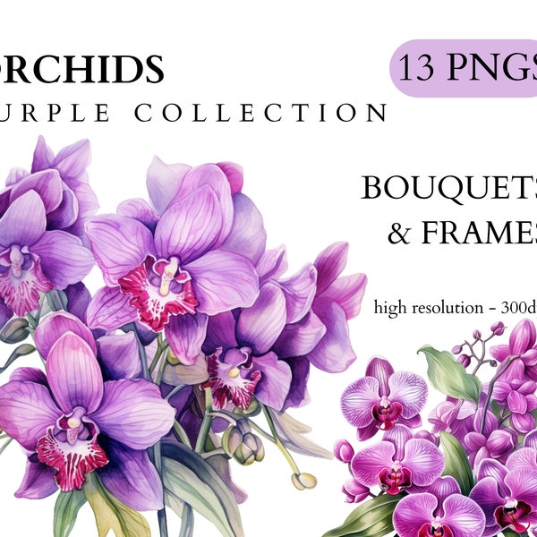 Watercolor Purple Orchid Clipart - Spring Floral Clip Art, PNG Format, Instant Download, Commercial Use, Wedding Invitations, Junk Journal