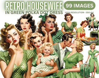 Retro Housewife Clipart - 50s Vintage House wife Transparent PNG, Green Polka Dot Dress, Red Polka Dot Dress, Junk Journal, Scrapbook,