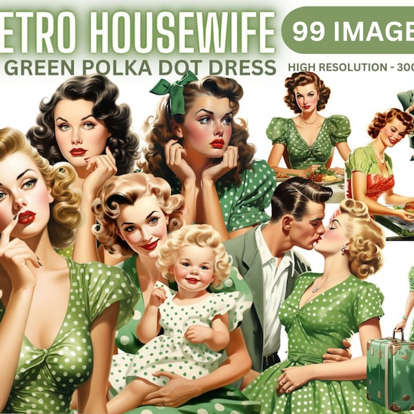 Retro Housewife Clipart - 50s Vintage House wife Transparent PNG, Green Polka Dot Dress, Red Polka Dot Dress, Junk Journal, Scrapbook,