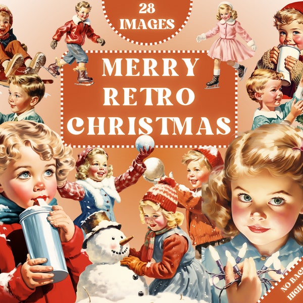 Retro Christmas Clipart - Vintage Xmas Clip Art, 1950s Merry Christmas Illustrations, Vintage Boy, Vintage Girl, Commercial, PNGs