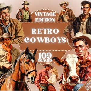Cowboy Clipart - Retro Kuh Junge Clip Art, Pferd, Kuh, Western Clipart, Wilder Westen, 50er Jahre, Cowgirl, Junk Journal, Kommerziell, PNG Bundle