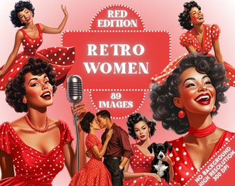 Retro Women Clipart - 89 Red Vintage Black Beauties Women Clip Art, Retro Art Style, Old School illustrations, wwii, Commercial, PNG Bundle
