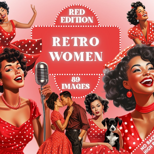 Retro Women Clipart - 89 Red Vintage Black Beauties Women Clip Art, Retro Art Style, Old School illustrations, wwii, Commercial, PNG Bundle