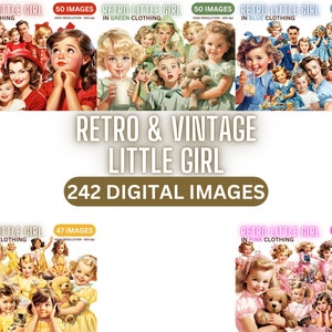 Retro Little Girl Clipart Bundle - Vintage jaren 1950 Clip Art, Old School Tijdperk, Retro Vrouwen Clipart, Transparante PNGs, Vintage Little Girl