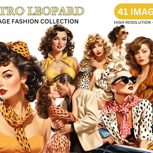 Retro Women Clipart - Vintage Leopard Print Fashion, Old Era Clip Art, 1950s Pin Up Girl, wwii illustrations, Commercial, Transparent, PNGs