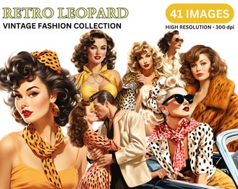 Retro Women Clipart - Vintage Leopard Print Fashion, Old Era Clip Art, 1950s Pin Up Girl, wwii illustrations, Commercial, Transparent, PNGs