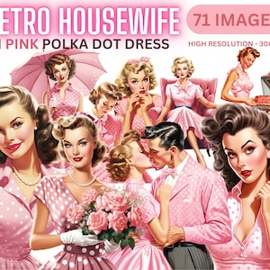 Retro Housewife Bundle Clipart - Vintage 50s Transparent Clip Art, vestido de bolinhas vermelhas, Junk Journal, Leitura, Retro Housewife, PNG