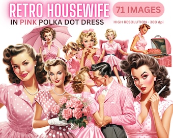 Retro Housewife Bundle Clipart - ClipArt trasparente vintage anni '50, abito rosso a pois, diario spazzatura, lettura, casalinga retrò, PNG