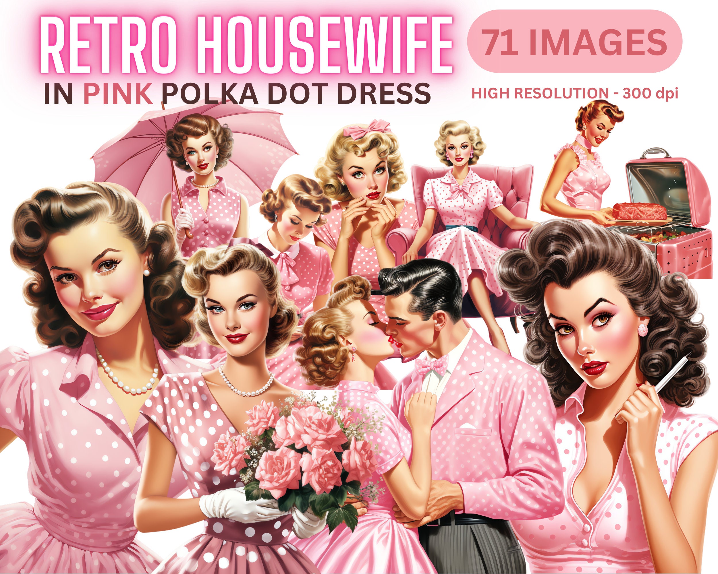 Retro Housewife Bundle Clipart - Vintage 50s Transparent Clip Art, Red polka dot dress, Junk Journal, Reading, Retro Housewife, PNG