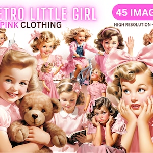 Retro Little Girl Clipart - Vintage Little Girl Clip Art, 1950s Fashion Pink Girly Illustrations, Junk Journal, Paper Crafts, Transparent