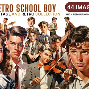 Retro School Boy Clipart - Vintage School Boy Clip Art, Clase de música, Ilustraciones de la vieja escuela, Segunda Guerra Mundial, Vintage Boy Art, Comercial, PNGs