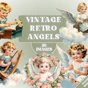 Retro Angel Clipart - Vintage Angels Clip Art, Retro Girls Illustrations, wwii, old school art, little girl clipart, comercial, paquete PNG