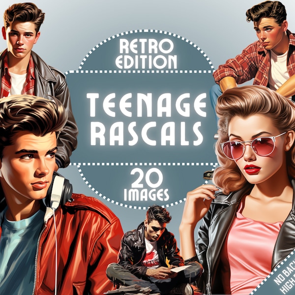 Retro Teenage Clipart - Rockabilly Clip Art, Retro Teenagers, Vintage Kids, Teenage Angst, School, Bad Boy, Bad Girl, Commercial, PNG Bundle