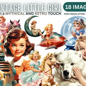Vintage Little Girl Clipart Set - Retro und mythische Little Girl Clip Art, Old School 1950er Jahre Illustrationen für Junk Journals Scrapbooking