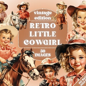 Retro Cowgirl Clipart - Vintage Cow Girl Clip Art, jaren '50 Old School Illustraties, Scrapbooking, Paarden, Junk Journal, Wilde Westen, Commercieel