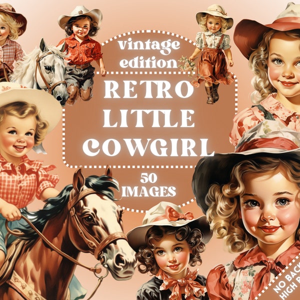 Retro Cowgirl Clipart - Vintage Cow Girl Clip Art, 50s Old School Illustrations, Scrapbooking, Horses, Junk Journal, Wild West, Commercial