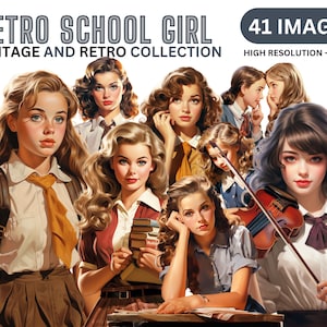 Retro School Girl Clipart - Vintage Girls Clip Art, Ilustraciones de la década de 1950, Era de la vieja escuela, Niñas en la escuela, Segunda Guerra Mundial, Imágenes Prediseñadas de mujeres retro, PNG
