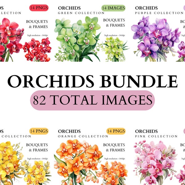 Le bundle complet Orchid Clipart - 82 images, bouquets, cadres, faire-part de mariage, élégant, printemps Floral, aquarelle fleurs, PNG