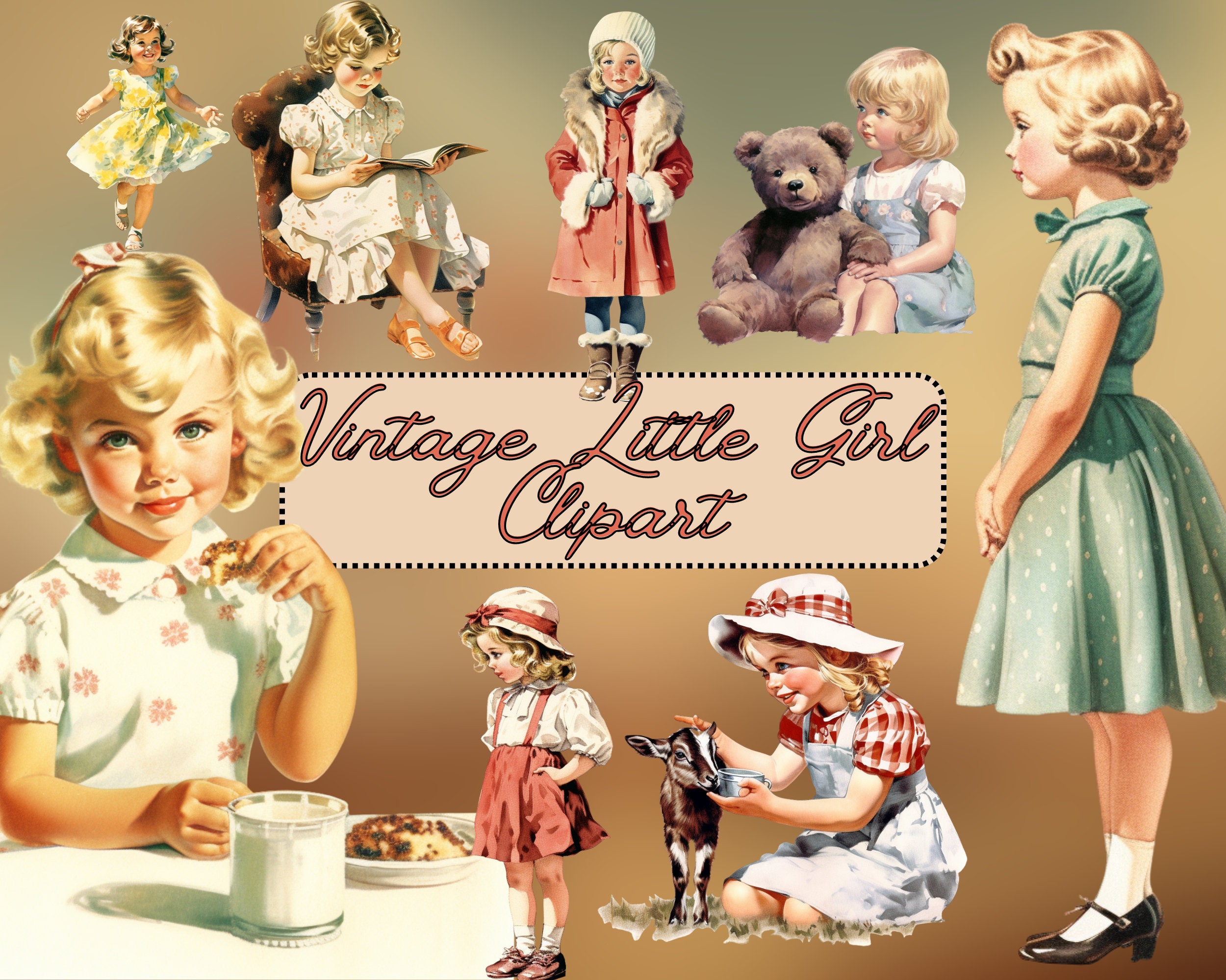 Watercolor Vintage Little Girl Clipart Fashion PNG Digital Image Downloads for Paper Crafts Card Making Scrapbook Junk Journal Scrapbooking