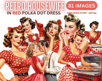 Retro Polka Dot Housewife - Vintage House Wife Clipart Bundle, 50s, House Chores, Cooking, Junk Journal, PNG, Transparent, Retro Era Clipart
