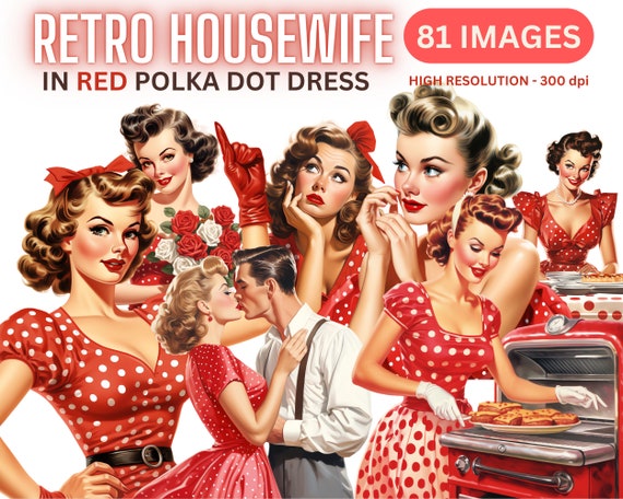 Retro Housewife Clipart Bundle: 50s Polka Dot PNG Images (Digital Download)