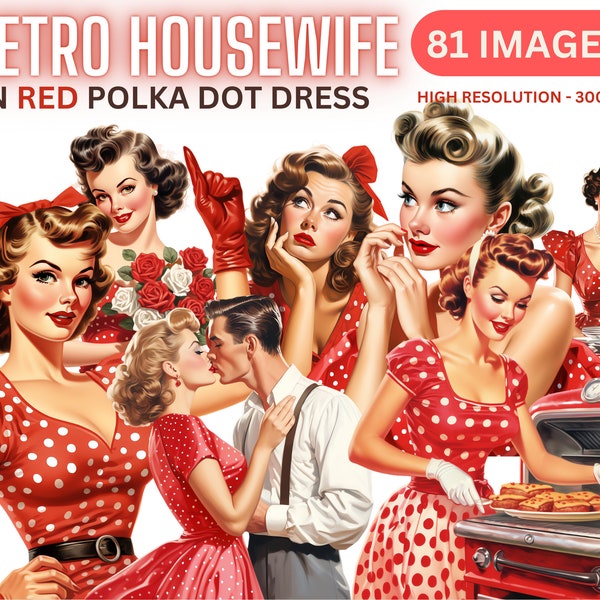 Retro Polka Dot Housewife - Vintage House Wife Clipart Bundle, 50s, House Chores, Cooking, Junk Journal, PNG, Transparent, Retro Era Clipart