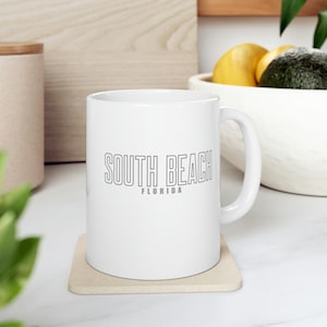 South Beach Florida Mug, Coffee Mug, Tea Mug, Ceramic Mug 11oz, College Outline Print Coffee Mug, White Mug, One sided print mug
