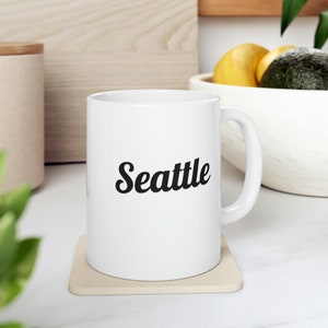 Seattle Washington Mug, Coffee Mug, Tea Mug, Ceramic Mug 11oz, Black and White Print Coffee Mug, White Mug, One sided print