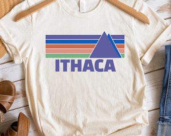 Ithaca Upstate New York Outdoor Shirt, Unisex Jersey Short Sleeve Tee, Bella & Canvas 3001 Tee, Multi Color Stripe t-shirt, Mountain Shirt