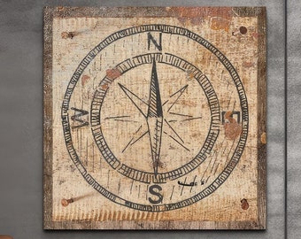Vintage Compass Sign, Rustic Home Decor, Compass Rose Wall Art Picture, Nautical Star Canvas Prints, Housewarming Gift, Antique Beach Decor