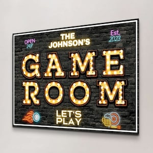 Personalized Game Room Sign, Game Marquee Sign, Arcade Room Decor, Custom Name Wall Art, Billiards and Darts Family Game Night Artwork Gifts