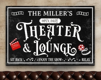 May include: Black rectangular sign with white text that reads "THE MILLER'S THEATER & LOUNGE." Includes a red film clapper and film reel graphic. The sign is displayed above a brown leather sofa.