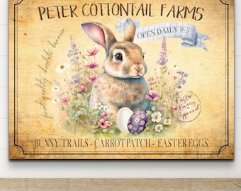 Vintage Easter Sign, Peter Cottontail Wall Art, Farmhouse Decor, Primitive Easter Bunny Home Decorations, Rustic Farmhouse Home Artwork Gift