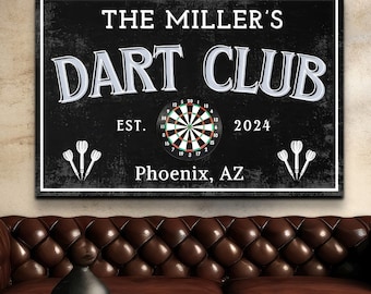 Dart Club Sign, Personalized Game Room Wall Art, Custom Dart Board Artwork, Man Cave Home Decor, Game Room Gifts for Him, Modern Farmhouse