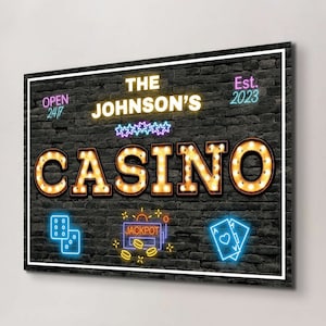 Casino Sign, Casino Gifts, Personalized Poker Room Decor, Retro Man Cave Wall Art, Custom Marquee Game Night Artwork, Name Home Gift for Him
