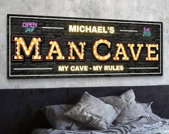 Personalized Man Cave Sign, Custom Basement Bar Decor Accessories, Dad Man Cave Artwork, Gifts for Men or Him, Rustic Wall Art Canvas Print