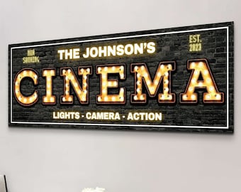 Personalized Cinema Signs, Home Theater Wall Art, Custom Movies Home Decor, Marquee Gifts, Rustic Man Cave Canvas Print Artwork, Retro Room