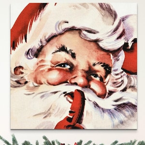 Rustic Santa Clause Wall Art, Vintage Christmas Decor, Retro Xmas Home Decoration. 1950s 1960s Christmas Artwork, Farmhouse Wall Art Hanging