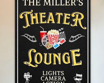 May include: Black framed sign with the text "THE MILLER'S THEATER LOUNGE" in yellow script. Includes illustrations of popcorn, a film reel, 3D glasses, and a director's chair. The phrase "LIGHTS CAMERA ACTION" is also displayed.