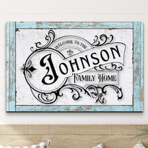 Personalized Family Name Sign, Farmhouse Teal Wall Art, Behind Couch Decor, House Decorations Gifts, Bedroom Rustic Custom Canvas Artwork