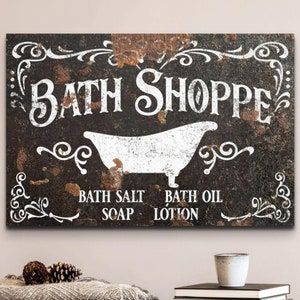 Rustic Bath Shoppe Sign, Bathroom Decor, Vintage Primitive Wall Art, Modern Farmhouse Canvas Print Distressed Home Artwork Gifts for Her Mom