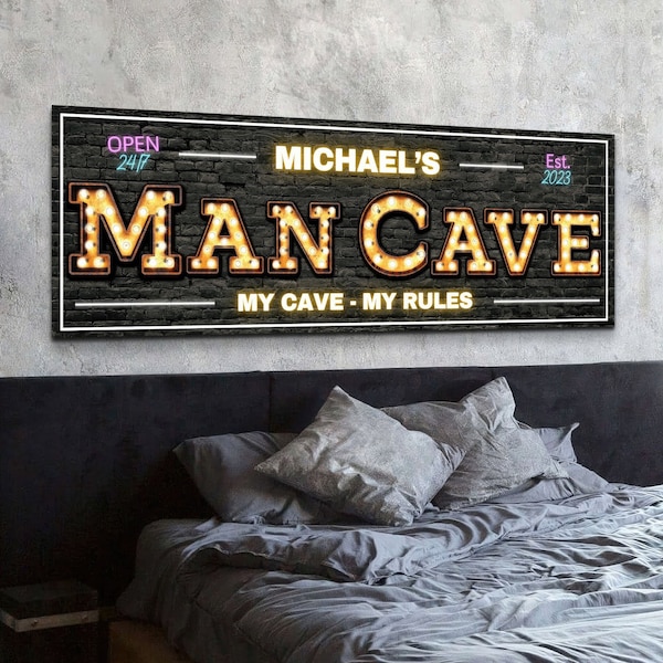 Panneau personnalisé homme des cavernes, accessoires personnalisés de décoration de bar sous-sol, oeuvre d'art papa homme des cavernes, cadeaux pour homme ou lui, impression sur toile d'art mural rustique